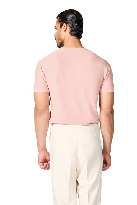 S&N By Shantnu Nikhil Pink Viscose Embroidery Crest T-shirt at Aza Fashions S&N By Shantnu Nikhil_Pink Viscose Embroidery Crest T-shirt_at_Aza_Fashions