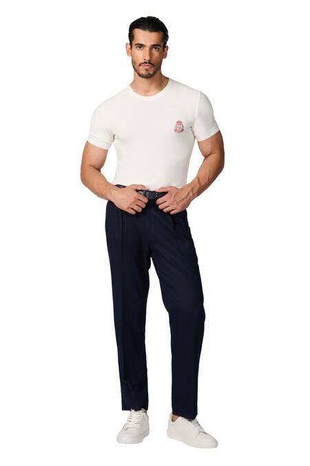 S&N By Shantnu Nikhil White Viscose Embroidery Crest Round Neck T-shirt Online at Aza Fashions S&N By Shantnu Nikhil_White Viscose Embroidery Crest Round Neck T-shirt_Online_at_Aza_Fashions