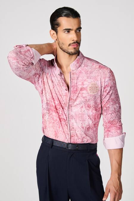 Buy S&N By Shantnu Nikhil Pink Crepe, Jersey Abstract Print Button Down Shirt Online at Aza Fashions Buy_S&N By Shantnu Nikhil_Pink Crepe, Jersey Abstract Print Button Down Shirt_Online_at_Aza_Fashions