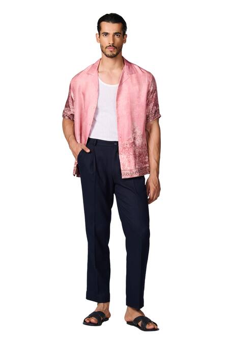 S&N By Shantnu Nikhil_Pink Silk Twill Abstract Print Half Sleeve Shirt_Online_at_Aza_Fashions