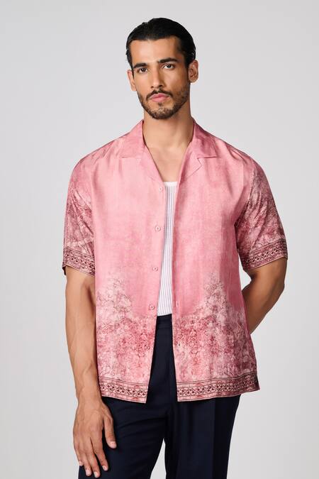 Shop_S&N By Shantnu Nikhil_Pink Silk Twill Abstract Print Half Sleeve Shirt_Online_at_Aza_Fashions