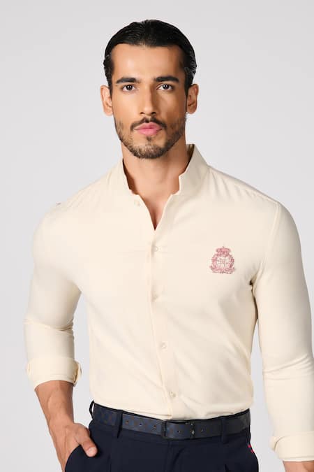 Buy_S&N By Shantnu Nikhil_Off White Embroidery Crest Shirt_Online_at_Aza_Fashions