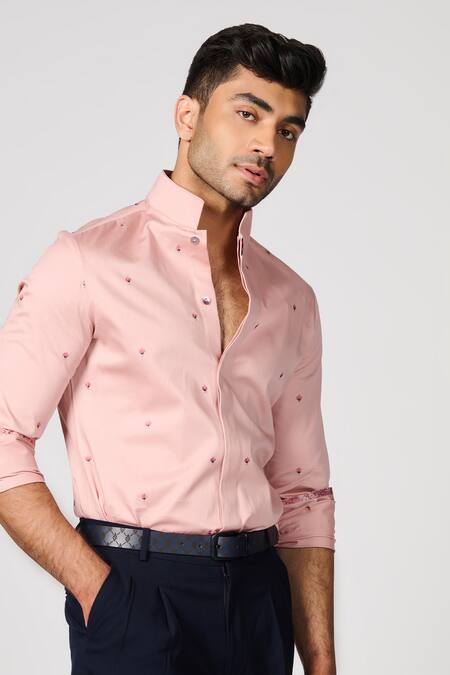 S&N By Shantnu Nikhil_Pink Gabardine Embroidery Floral Bud Shirt _Online_at_Aza_Fashions