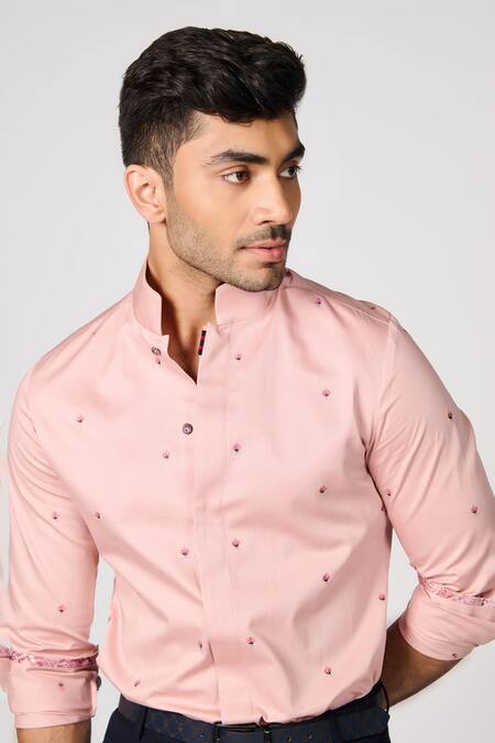 Buy_S&N By Shantnu Nikhil_Pink Gabardine Embroidery Floral Bud Shirt _Online_at_Aza_Fashions