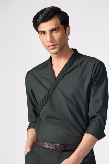 S&N By Shantnu Nikhil Black Lycra, Viscose, Terrycloth Draped Plain Shirt Online at Aza Fashions S&N By Shantnu Nikhil_Black Lycra, Viscose, Terrycloth Draped Plain Shirt_Online_at_Aza_Fashions