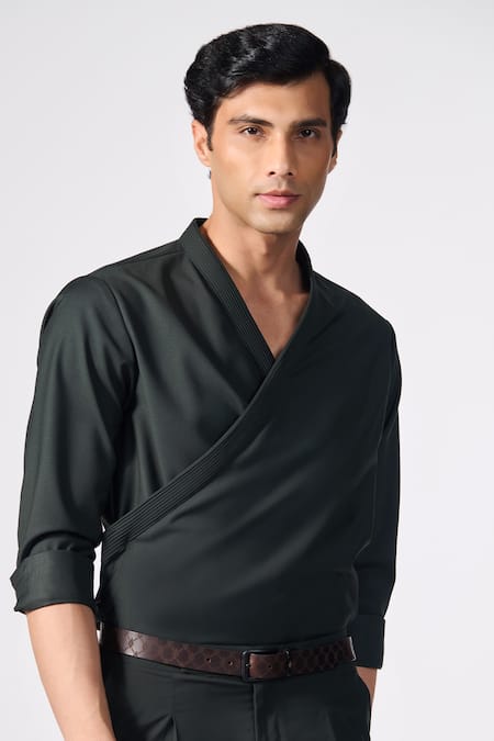 Buy S&N By Shantnu Nikhil Black Lycra, Viscose, Terrycloth Draped Plain Shirt Online at Aza Fashions Buy_S&N By Shantnu Nikhil_Black Lycra, Viscose, Terrycloth Draped Plain Shirt_Online_at_Aza_Fashions