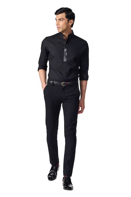 S&N By Shantnu Nikhil_Black Viscose, Polyester Contrast Placket Shirt_Online_at_Aza_Fashions