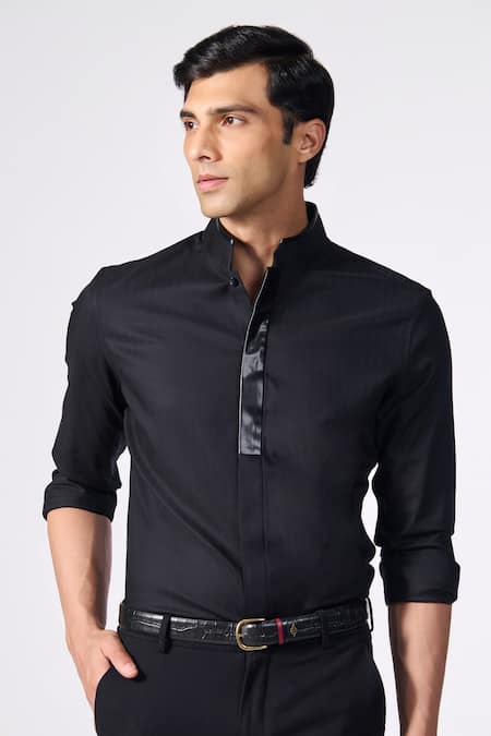 Buy_S&N By Shantnu Nikhil_Black Viscose, Polyester Contrast Placket Shirt_Online_at_Aza_Fashions