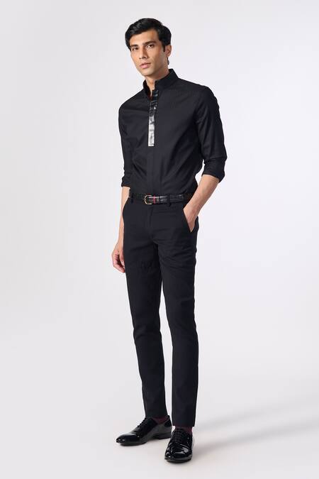 Shop_S&N By Shantnu Nikhil_Black Viscose, Polyester Contrast Placket Shirt_Online_at_Aza_Fashions