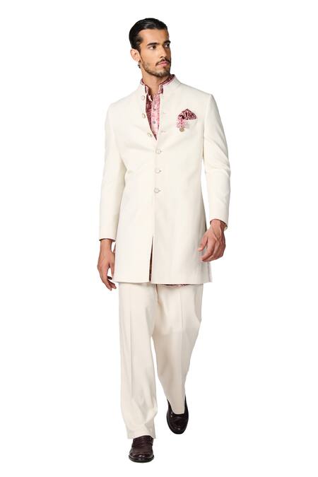 S&N By Shantnu Nikhil_Off White Cotton, Lycra Plain Sherwani_Online_at_Aza_Fashions
