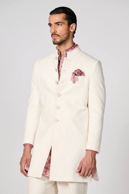 Buy_S&N By Shantnu Nikhil_Off White Cotton, Lycra Plain Sherwani_Online_at_Aza_Fashions
