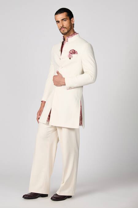 Shop_S&N By Shantnu Nikhil_Off White Cotton, Lycra Plain Sherwani_Online_at_Aza_Fashions