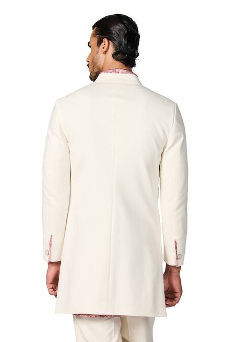 S&N By Shantnu Nikhil_Off White Cotton, Lycra Plain Sherwani_at_Aza_Fashions