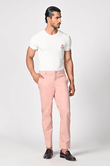 S&N by Shantnu Nikhil Pink Cotton Twill Plain Straight Fit Trouser