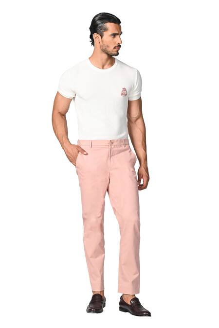 S&N By Shantnu Nikhil_Pink Cotton, Twill Straight Fit Trouser_Online_at_Aza_Fashions