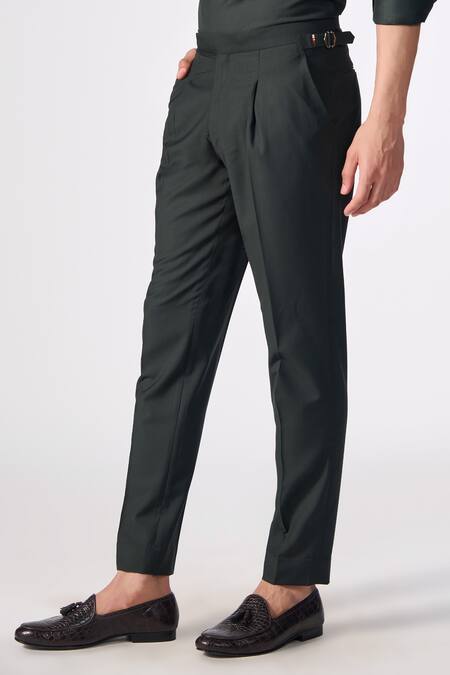 S&N By Shantnu Nikhil_Black Lycra, Viscose, Terrycloth Straight Fit Plain Trouser_Online_at_Aza_Fashions