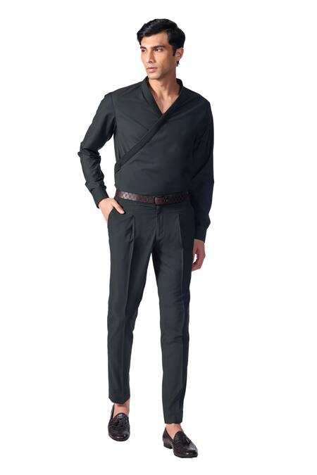S&N By Shantnu Nikhil_Black Lycra, Viscose, Terrycloth Straight Fit Plain Trouser_at_Aza_Fashions