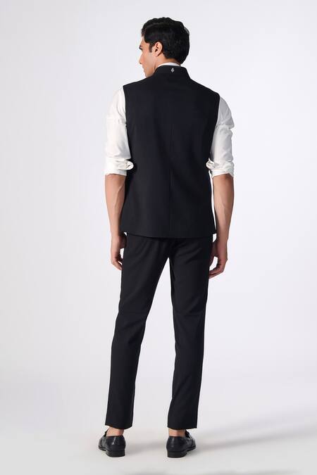 Shop S&N By Shantnu Nikhil Black Lycra, Viscose, Polyester Structured Nehru Jacket at Aza Fashions Shop_S&N By Shantnu Nikhil_Black Lycra, Viscose, Polyester Structured Nehru Jacket_at_Aza_Fashions