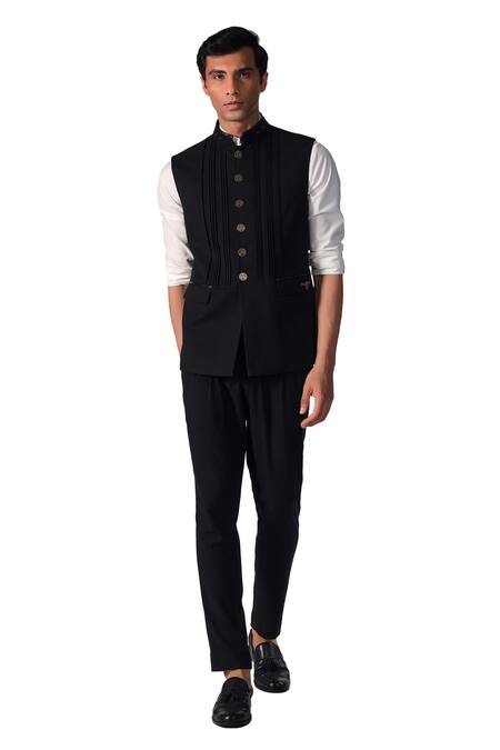 S&N By Shantnu Nikhil Black Lycra, Viscose, Polyester Structured Nehru Jacket Online at Aza Fashions S&N By Shantnu Nikhil_Black Lycra, Viscose, Polyester Structured Nehru Jacket_Online_at_Aza_Fashions
