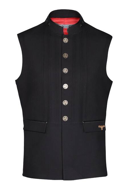 Buy_S&N By Shantnu Nikhil_Black Lycra, Viscose, Polyester Structured Nehru Jacket_Online_at_Aza_Fashions