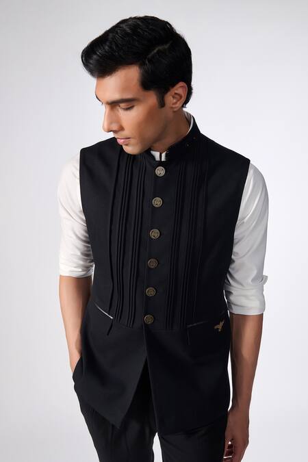Shop S&N By Shantnu Nikhil Black Lycra, Viscose, Polyester Structured Nehru Jacket Online at Aza Fashions Shop_S&N By Shantnu Nikhil_Black Lycra, Viscose, Polyester Structured Nehru Jacket_Online_at_Aza_Fashions
