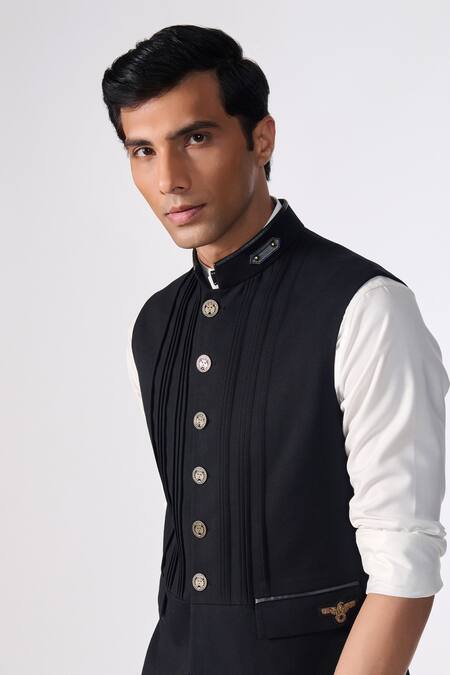 S&N By Shantnu Nikhil Black Lycra, Viscose, Polyester Structured Nehru Jacket at Aza Fashions S&N By Shantnu Nikhil_Black Lycra, Viscose, Polyester Structured Nehru Jacket_at_Aza_Fashions