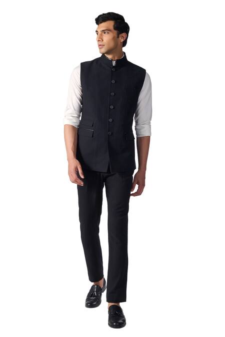 S&N By Shantnu Nikhil Black Cotton Pleated Nehru Jacket Online at Aza Fashions S&N By Shantnu Nikhil_Black Cotton Pleated Nehru Jacket_Online_at_Aza_Fashions