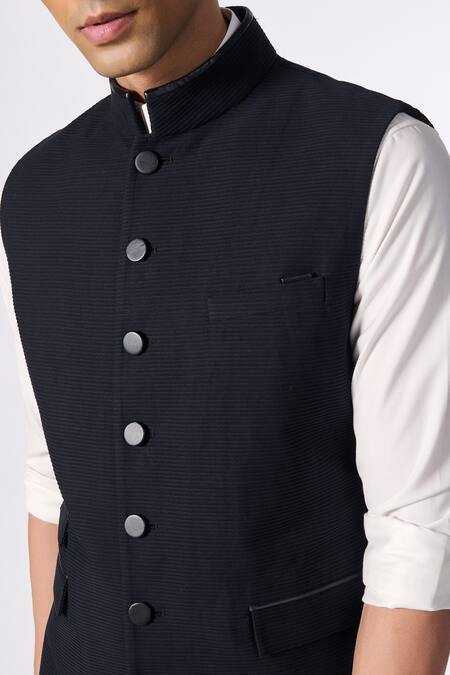 Shop S&N By Shantnu Nikhil Black Cotton Pleated Nehru Jacket Online at Aza Fashions Shop_S&N By Shantnu Nikhil_Black Cotton Pleated Nehru Jacket_Online_at_Aza_Fashions