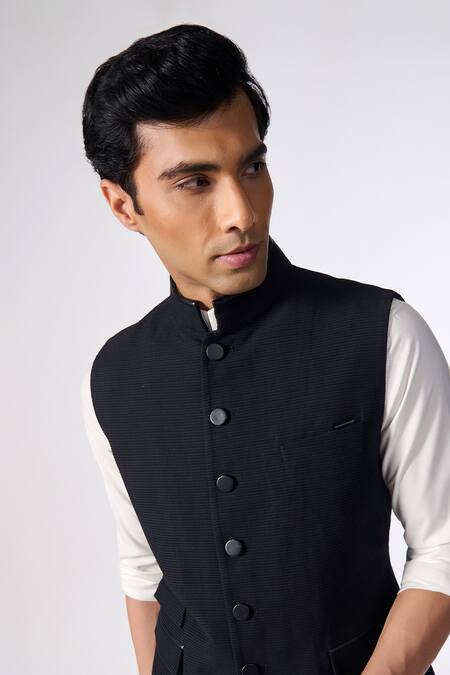 S&N By Shantnu Nikhil Black Cotton Pleated Nehru Jacket at Aza Fashions S&N By Shantnu Nikhil_Black Cotton Pleated Nehru Jacket_at_Aza_Fashions