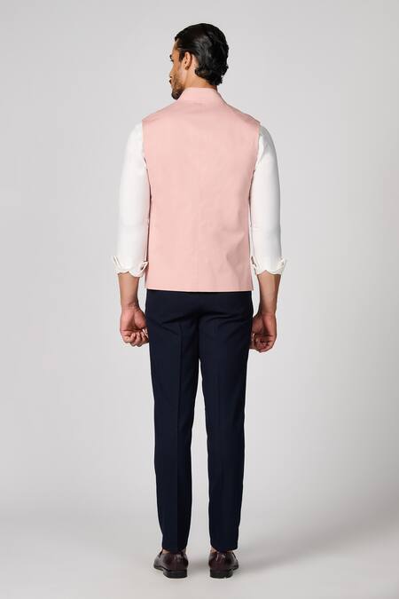 Shop_S&N By Shantnu Nikhil_Pink Cotton, Twill Embroidery Crest Nehru Jacket_at_Aza_Fashions