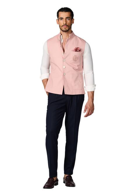 S&N By Shantnu Nikhil_Pink Cotton, Twill Embroidery Crest Nehru Jacket_Online_at_Aza_Fashions