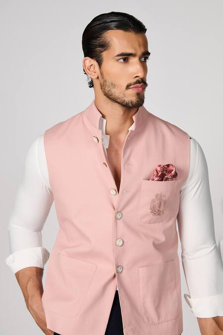 Buy_S&N By Shantnu Nikhil_Pink Cotton, Twill Embroidery Crest Nehru Jacket_Online_at_Aza_Fashions