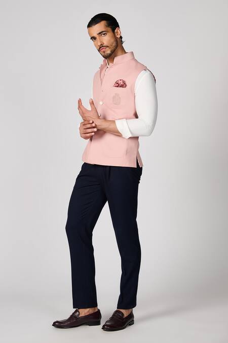Shop_S&N By Shantnu Nikhil_Pink Cotton, Twill Embroidery Crest Nehru Jacket_Online_at_Aza_Fashions