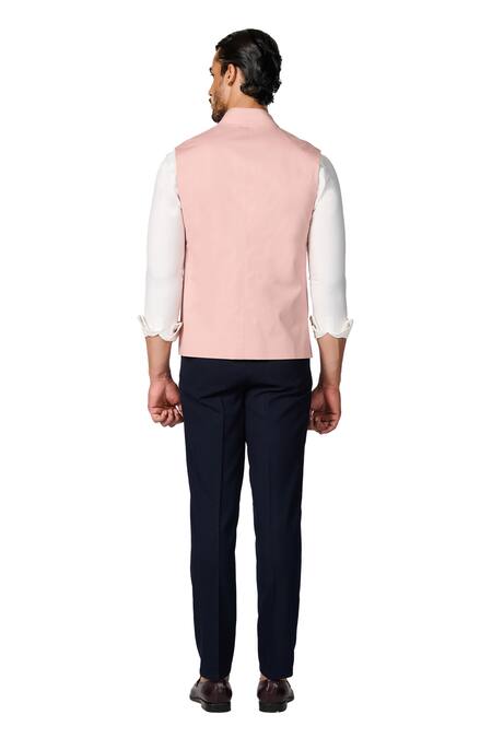 S&N By Shantnu Nikhil_Pink Cotton, Twill Embroidery Crest Nehru Jacket_at_Aza_Fashions