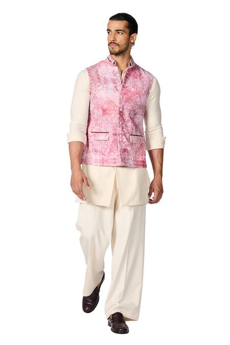 S&N By Shantnu Nikhil_Pink Crepe, Jersey Floral Print Nehru Jacket_Online_at_Aza_Fashions