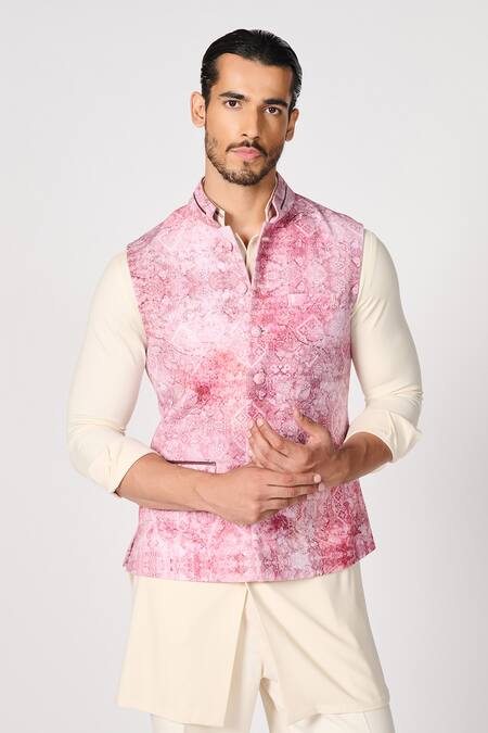 Buy_S&N By Shantnu Nikhil_Pink Crepe, Jersey Floral Print Nehru Jacket_Online_at_Aza_Fashions