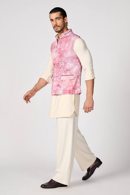 Shop_S&N By Shantnu Nikhil_Pink Crepe, Jersey Floral Print Nehru Jacket_Online_at_Aza_Fashions