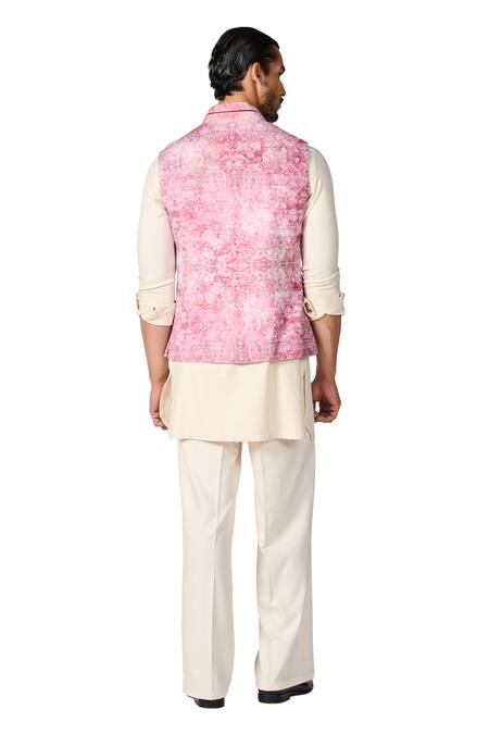 S&N By Shantnu Nikhil_Pink Crepe, Jersey Floral Print Nehru Jacket_at_Aza_Fashions