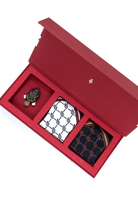 S&N by Shantnu Nikhil Red Geometric Pocket Square And Brooch Independence Kit 