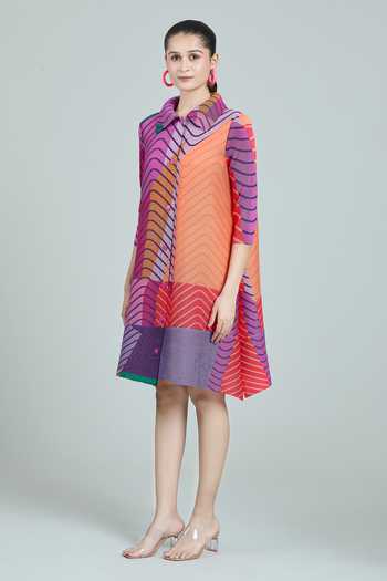 Scarlet Sage_Orange Polyester Collared Rory Abstract Print Dress_at_Aza_Fashions