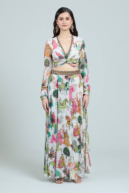 Rajat K Tangri Ivory Chiffon Embroidery V-neck Mughal Art Pattern Blouse And Lehenga Set Online at Aza Fashions Rajat K Tangri_Ivory Chiffon Embroidery V-neck Mughal Art Pattern Blouse And Lehenga Set _Online_at_Aza_Fashions