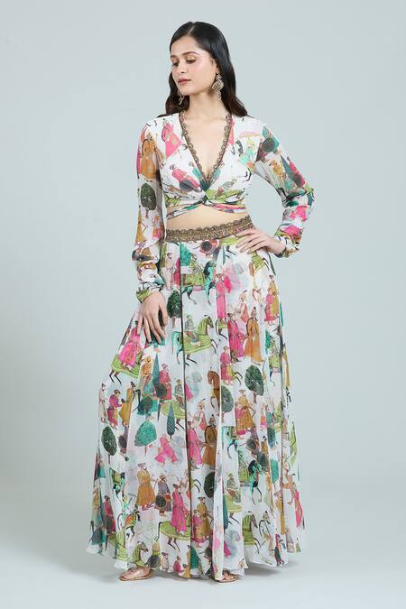 Buy Rajat K Tangri Ivory Chiffon Embroidery V-neck Mughal Art Pattern Blouse And Lehenga Set Online at Aza Fashions Buy_Rajat K Tangri_Ivory Chiffon Embroidery V-neck Mughal Art Pattern Blouse And Lehenga Set _Online_at_Aza_Fashions