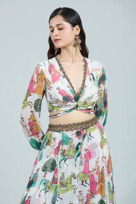 Shop Rajat K Tangri Ivory Chiffon Embroidery V-neck Mughal Art Pattern Blouse And Lehenga Set Online at Aza Fashions Shop_Rajat K Tangri_Ivory Chiffon Embroidery V-neck Mughal Art Pattern Blouse And Lehenga Set _Online_at_Aza_Fashions