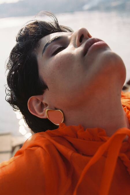 Buy Voyce Jewellery Orange Embroidery Miami Abstract Shaped Enameled Earrings Online at Aza Fashions Buy_Voyce Jewellery_Orange Embroidery Miami Abstract Shaped Enameled Earrings _Online_at_Aza_Fashions