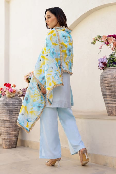 Shop Chrkha Blue Chanderi Silk Pearls, Sequins, Tassels Scoop Neck Embroidered Kurta Set at Aza Fashions Shop_Chrkha_Blue Chanderi Silk Pearls, Sequins, Tassels Scoop Neck Embroidered Kurta Set _at_Aza_Fashions