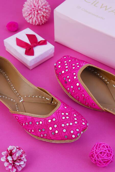 Cilwana Studio_Pink Embroidered Mirror Juttis _Online_at_Aza_Fashions