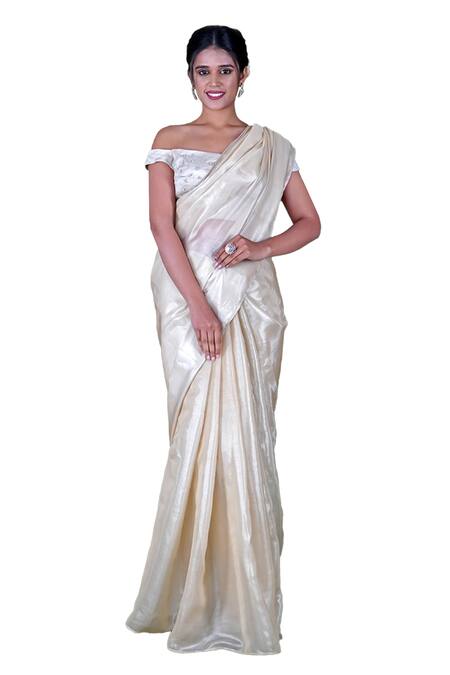 Gaurav Katta_Gold Silk Satin, Cotton Pearls, Metallic Saree Set With Floral Jacket _Online_at_Aza_Fashions