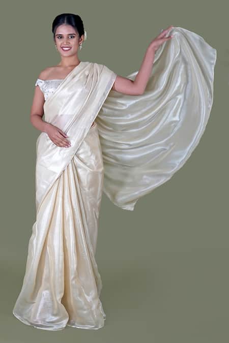 Buy_Gaurav Katta_Gold Silk Satin, Cotton Pearls, Metallic Saree Set With Floral Jacket _Online_at_Aza_Fashions