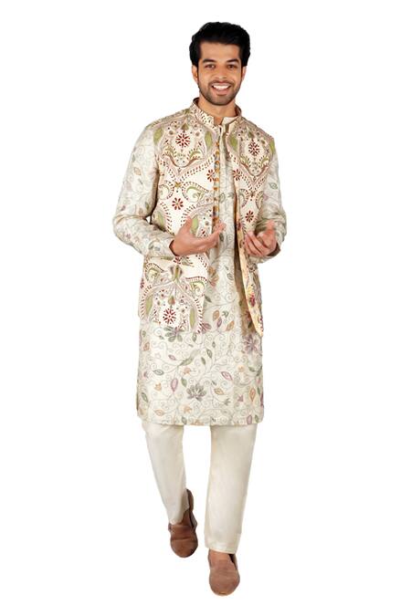 Gaurav Katta_Beige Tusser Silk Embroidered Kantha Bundi Kurta Set _Online_at_Aza_Fashions