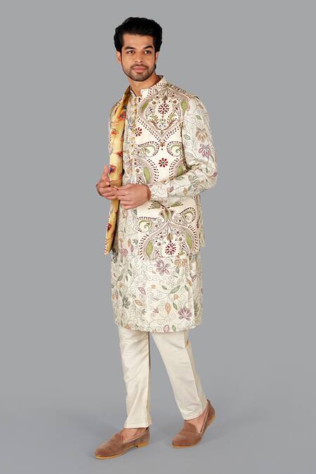 Buy_Gaurav Katta_Beige Tusser Silk Embroidered Kantha Bundi Kurta Set _Online_at_Aza_Fashions